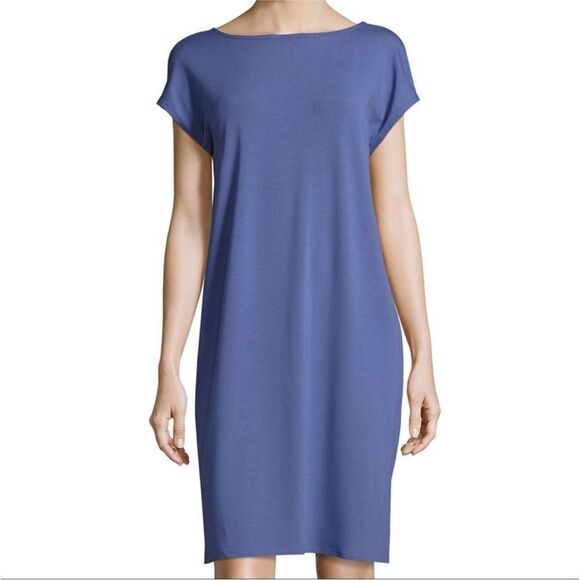 Eileen Fisher NWOT Bateau Neck Jersey Dress in navy size L - Picture 2 of 5
